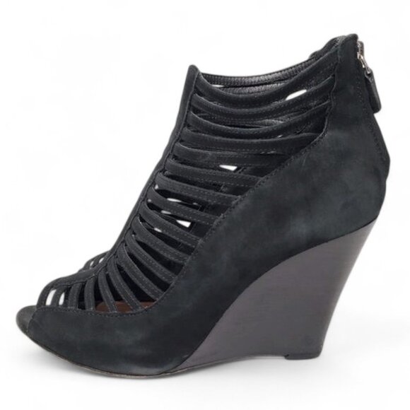 Rebecca Minkoff Sydney Wedge Heels Women's Cage Cutout Black Suede Gladiator 9M - Picture 2 of 11